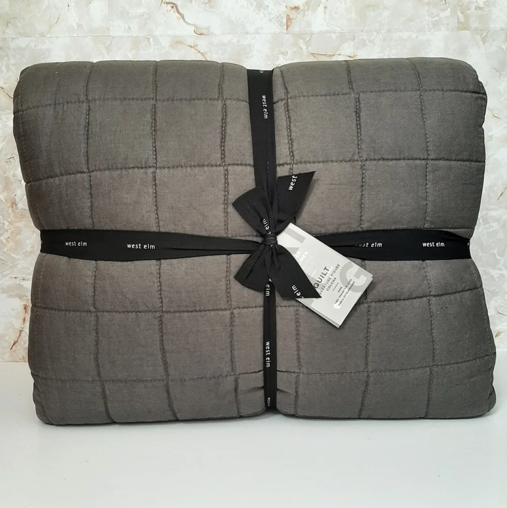 West Elm Belgian Flax Linen Frayed Edge King Quilt Slate